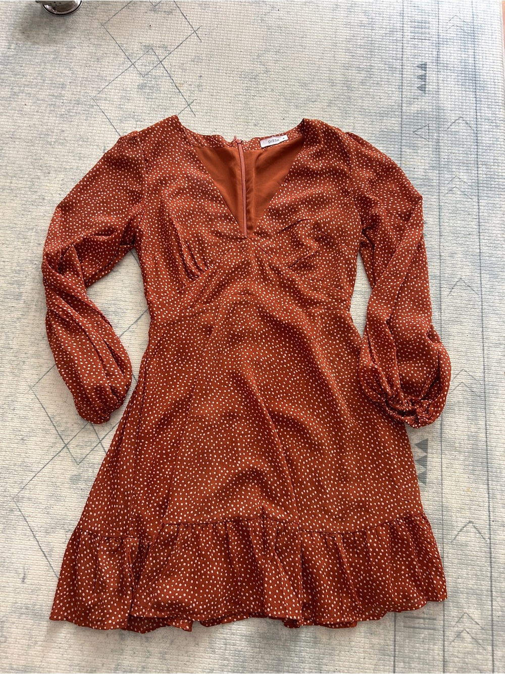 DISSH Rust Polka Dot Long Sleeve V-Neck Dress